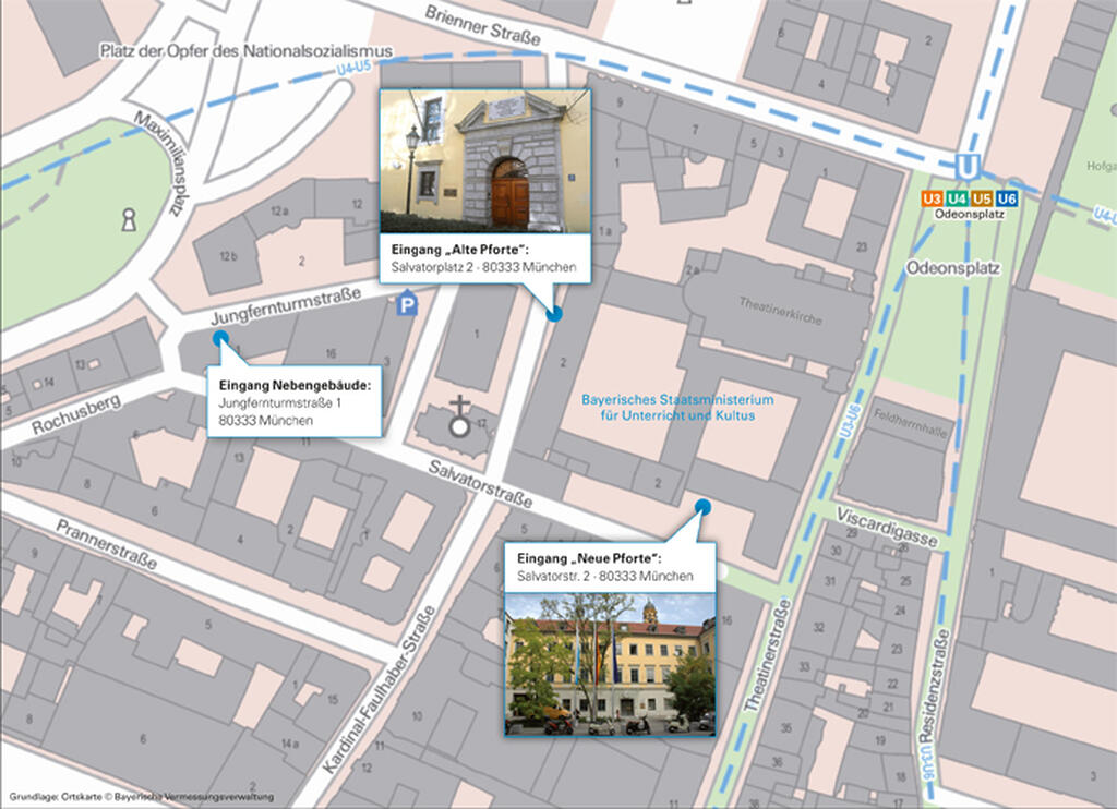 Kartenausschnitt, der die Verortung des Kultusministeriums in München zeigt