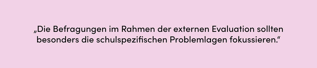 Zitat: Die Befragungen im Rahmen der externen Evaluation sollten besonders die schulspezifischen Problemlagen fokussieren.